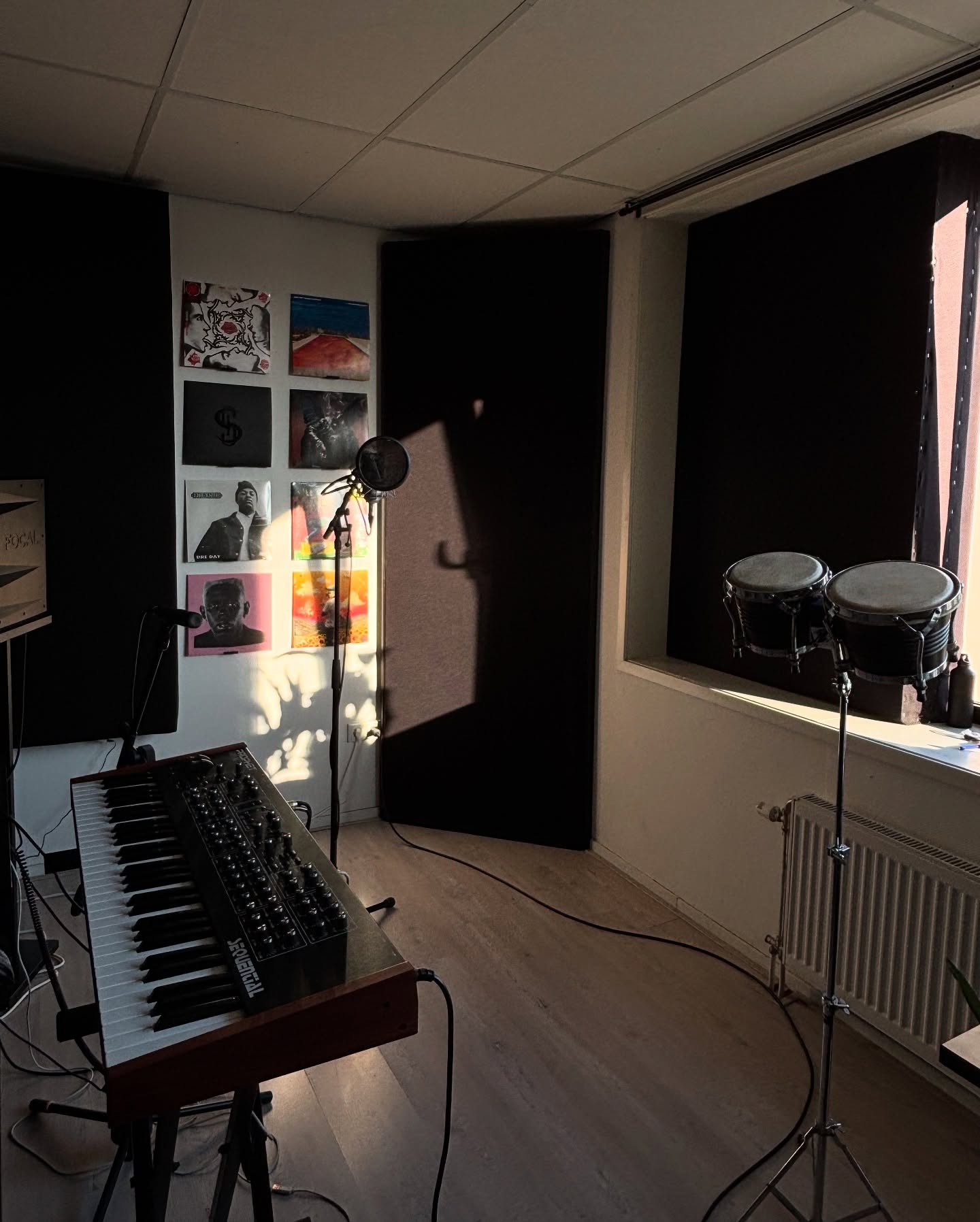 Live room met synthesizer, microfoon en bongo's